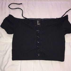 Off shoulder, front criss cross tie up crop top